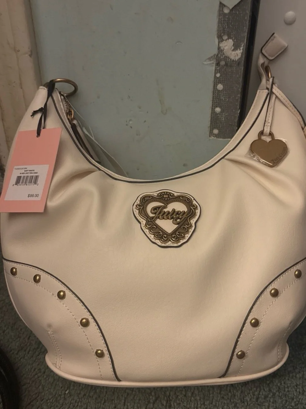 Juicy Couture Cream Heart Emblem Hobo with Gold Accents